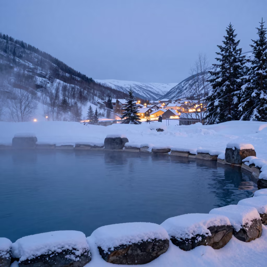 Norwegian Hot Spring Pool Snowy Blue Hour in in Norway