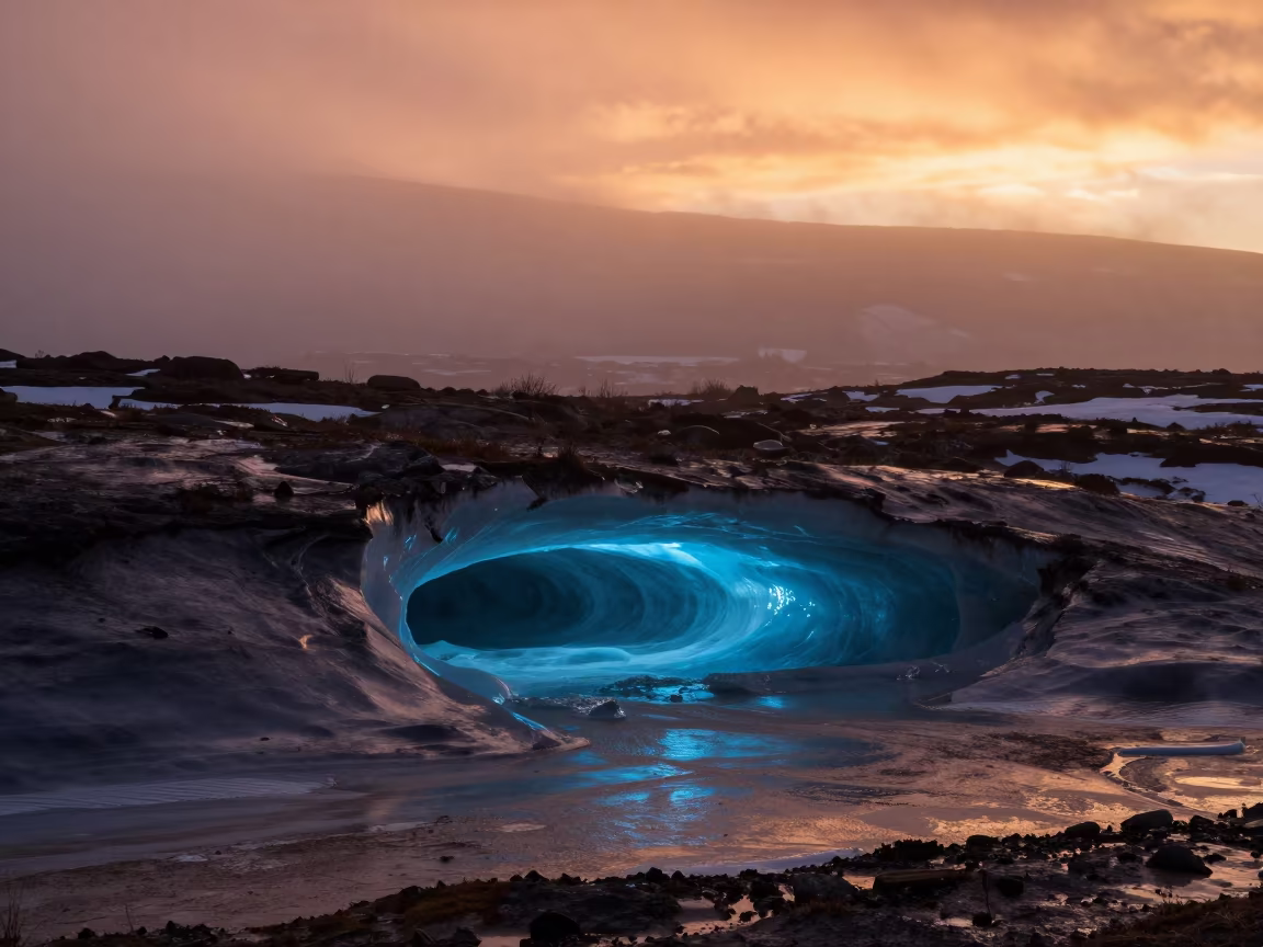 Norwegian Ice Cave Silhouette Before Dusk in across a floodplain after rain in Norway