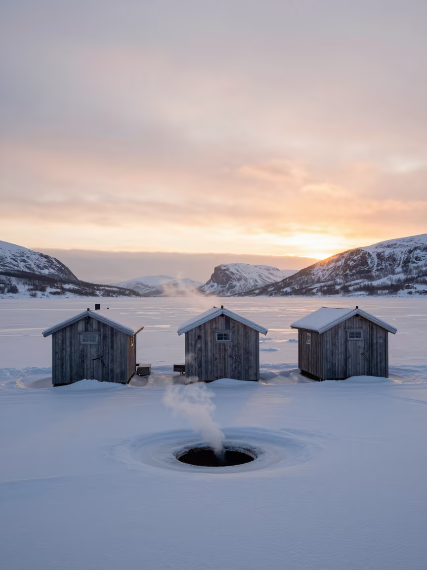 Norwegian Ice Fishing Shanties at Dawn in in Norway