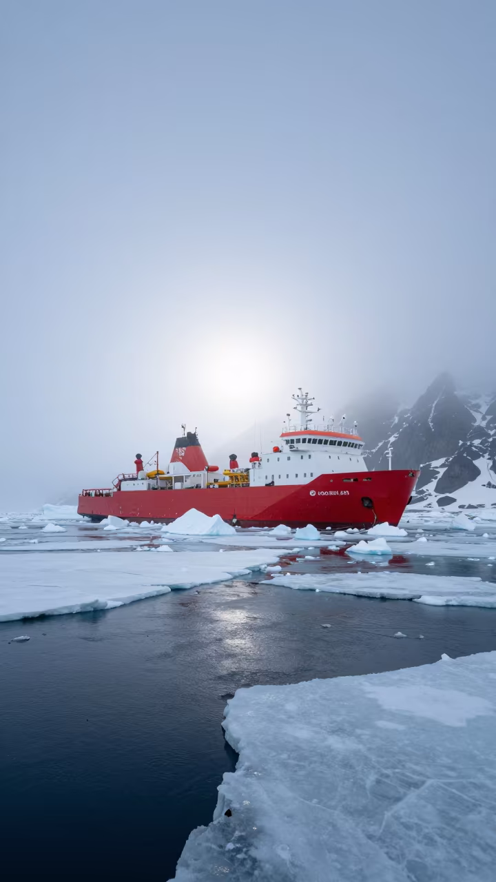 Norwegian Icebreaker Pushing Through Sea Ice Fog in beside a fogbound harbor mouth in Norway