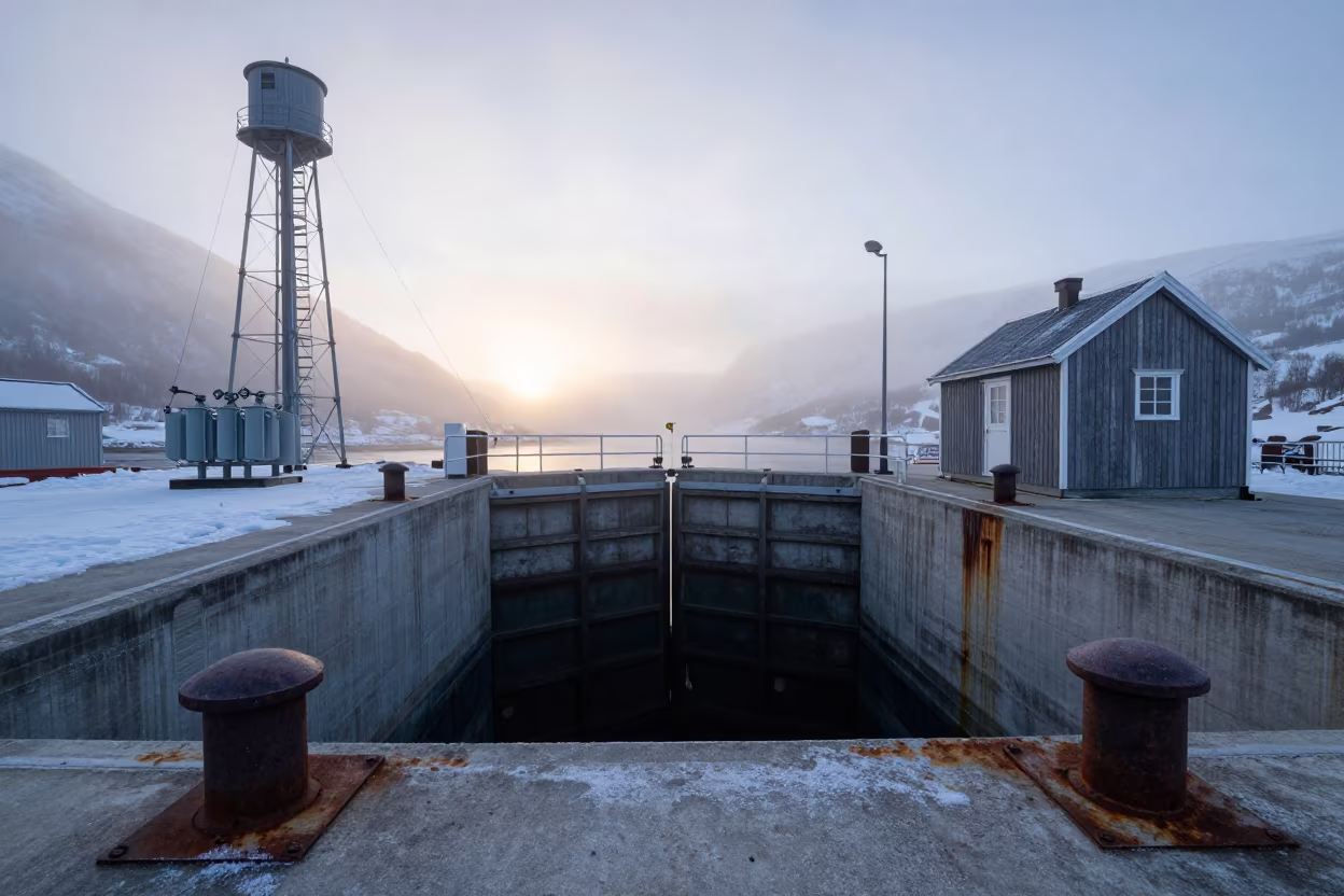 Norwegian Lock at Dawn Mist in beside a water tower ladder in Norway