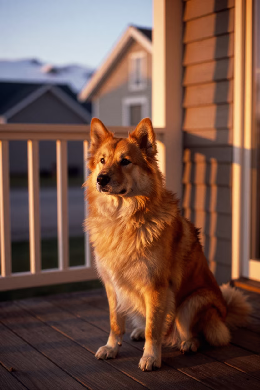 Norwegian Lundehund on Anchorage Porch in on a shaded front porch with boards, railings, and eye-level framing in Anchorage