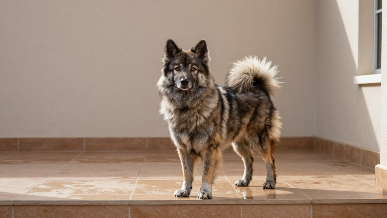 Norwegian Lundehund on Polokwane Porch in Daylight in beside a plain courtyard wall in clear daylight with the animal at eye level in Polokwane