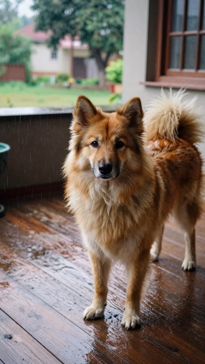 Norwegian Lundehund on Shaded Porch in Gandhinagar Rain in near a garden edge with soft morning light and an uncluttered background in Gandhinagar