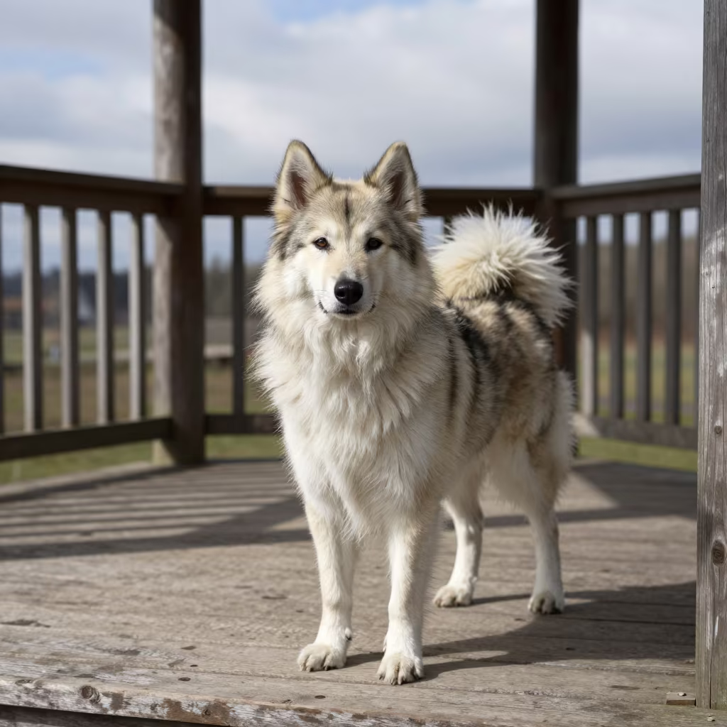 Norwegian Lundehund on Shaded Porch in Ruhengeri in on a shaded front porch with boards, railings, and eye-level framing near Ruhengeri