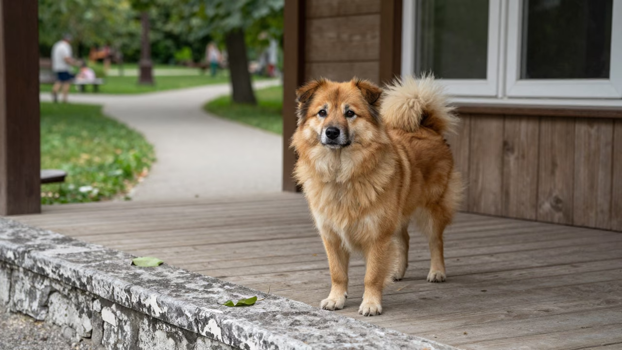 Norwegian Lundehund on Thessaloniki Porch in along a quiet park path with soft open shade and a clean background in Thessaloniki