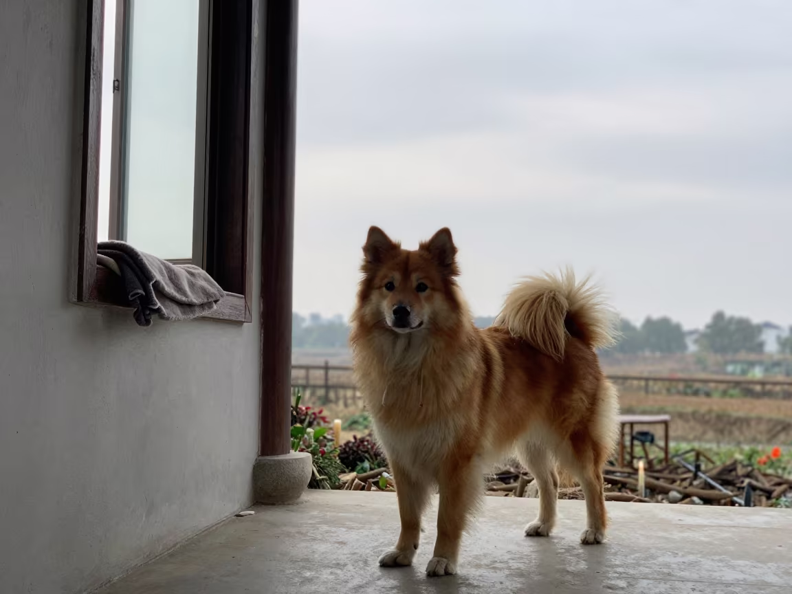 Norwegian Lundehund on Winter Porch at Dawn in near a garden edge with soft morning light and an uncluttered background near Nanchang