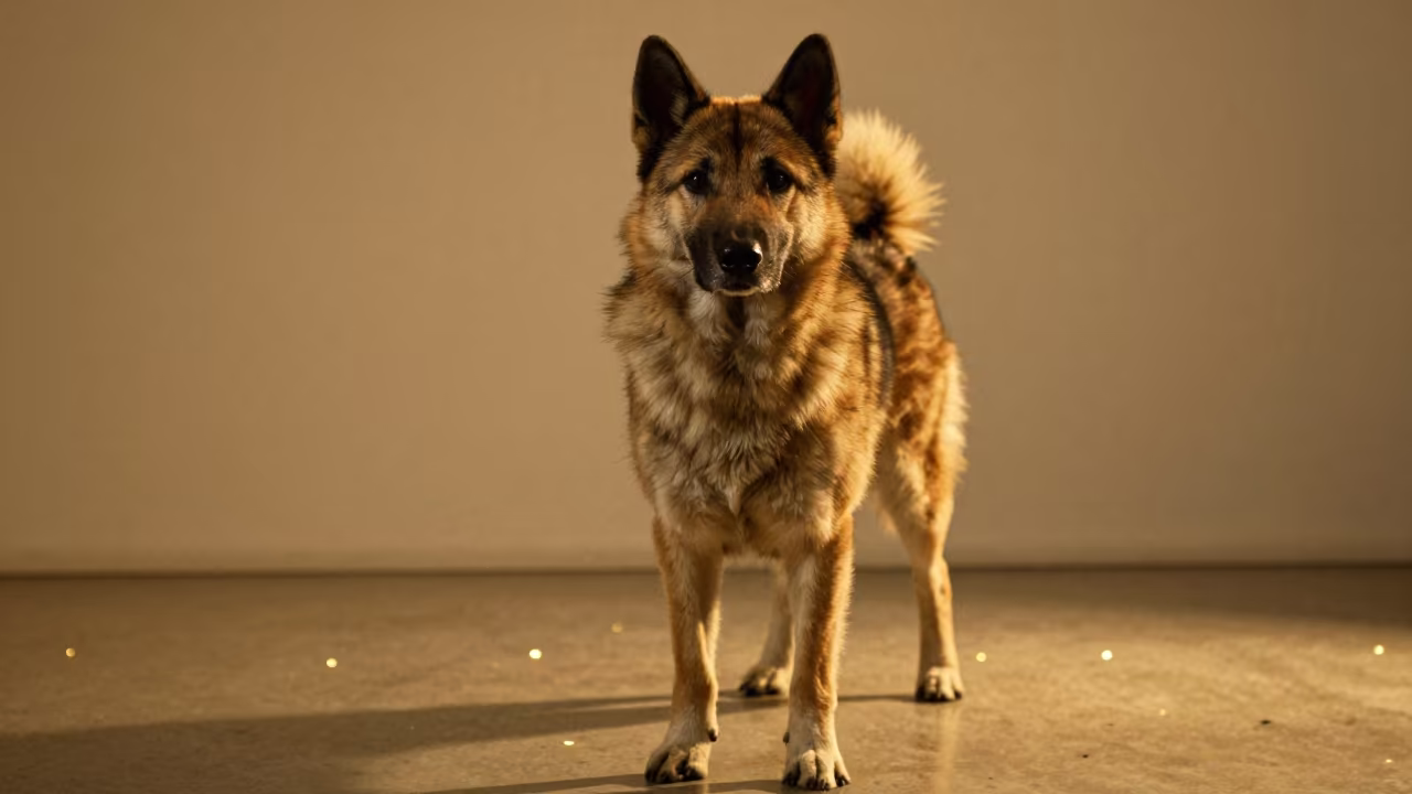 Norwegian Lundehund Portrait in Golden Studio Light in in a quiet portrait studio with a plain backdrop and eye-level framing in Kırıkkale