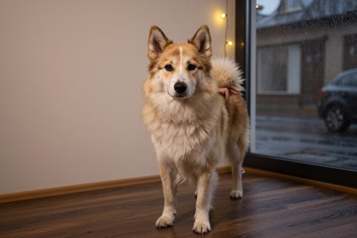 Norwegian Lundehund Portrait in Seiyun Studio in in a quiet portrait studio with a plain backdrop and eye-level framing in Seiyun