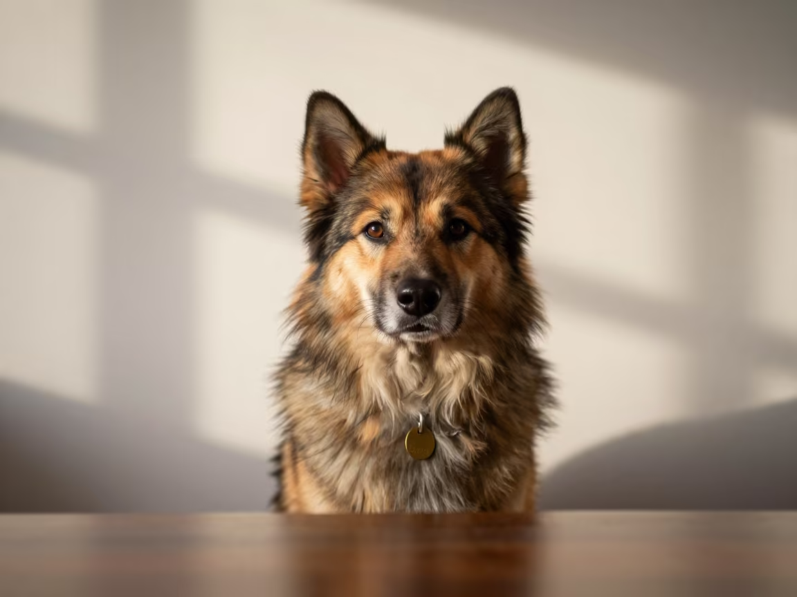 Norwegian Lundehund Portrait in Soft Indoor Light in beside a plain plaster wall in soft indoor light with the animal centered in frame in Gaya