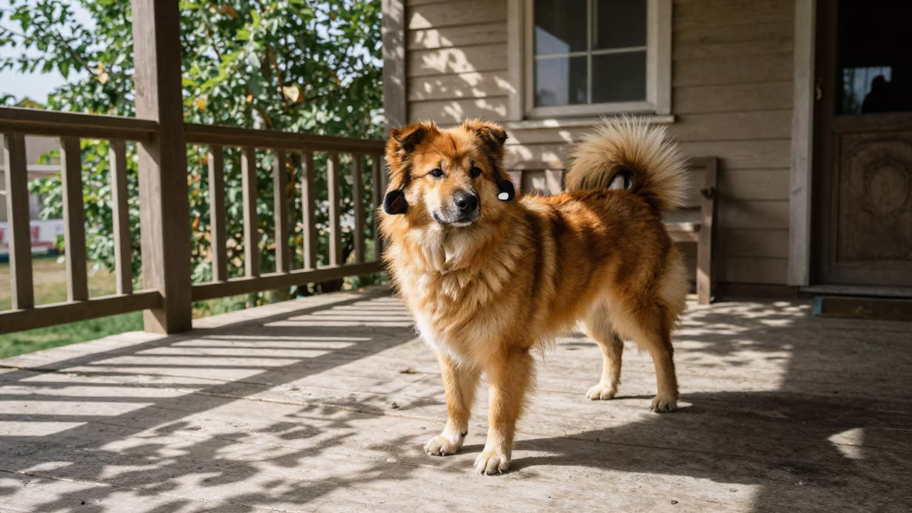 Norwegian Lundehund Portrait on Duhok Porch in on a shaded front porch with boards, railings, and eye-level framing near Duhok