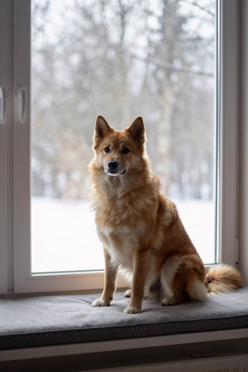 Norwegian Lundehund Portrait on Winter Window Seat in on a cushioned window seat with soft side light and an uncluttered background in Wenzhou