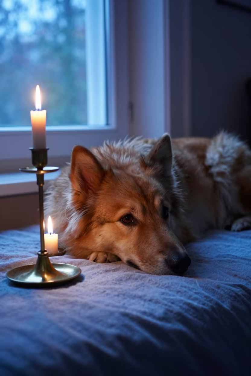 Norwegian Lundehund Resting on Bedspread in Candlelight in on a bedspread near a bright window with calm indoor light in Konya