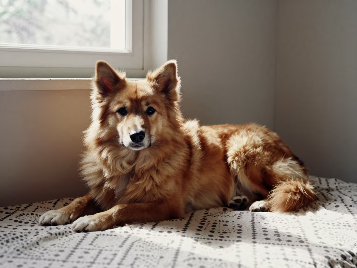 Norwegian Lundehund Resting on Bedspread Lagos in on a bedspread near a bright window with calm indoor light in Surulere, Lagos