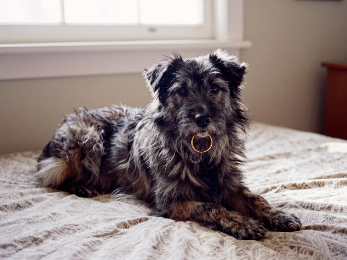 Norwegian Lundehund Resting on Bedspread in on a bedspread near a bright window with calm indoor light in Hanumangarh