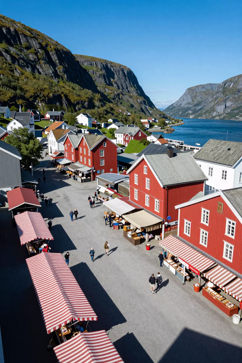 Norwegian Market Square Aerial View Noon in far above river meanders in Norway