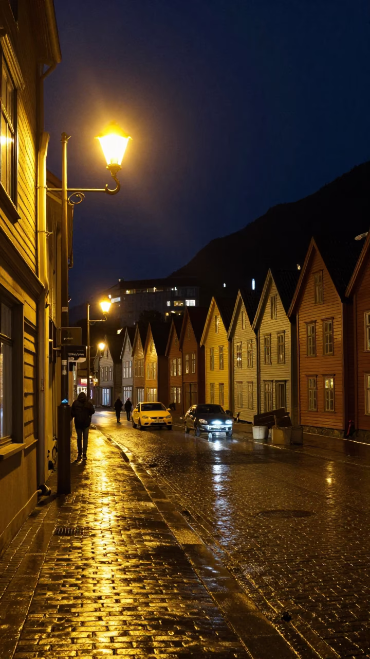Norwegian Night Street Scene with Iron Hook and Steam in Bergen in in Bergen, Norway