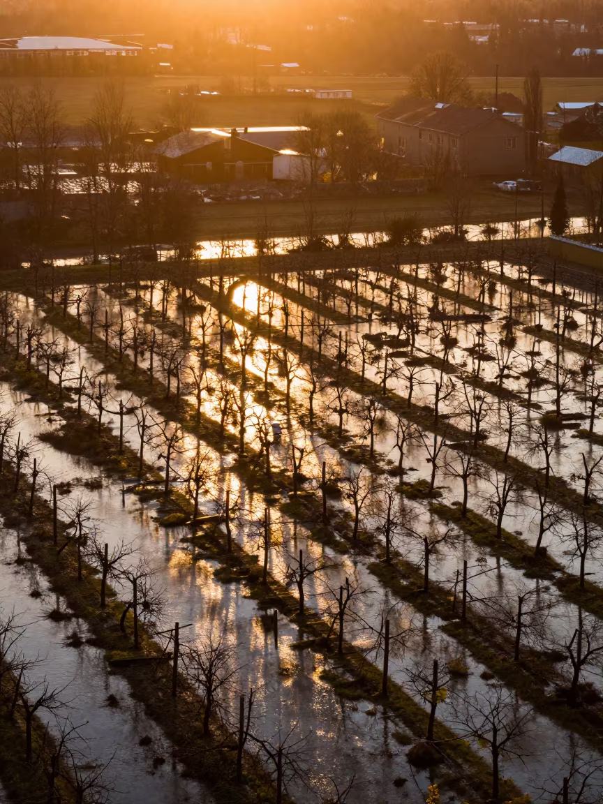 Norwegian Orchard Flood Reflections Golden Hour in far above orchard blocks and irrigation lines in Norway
