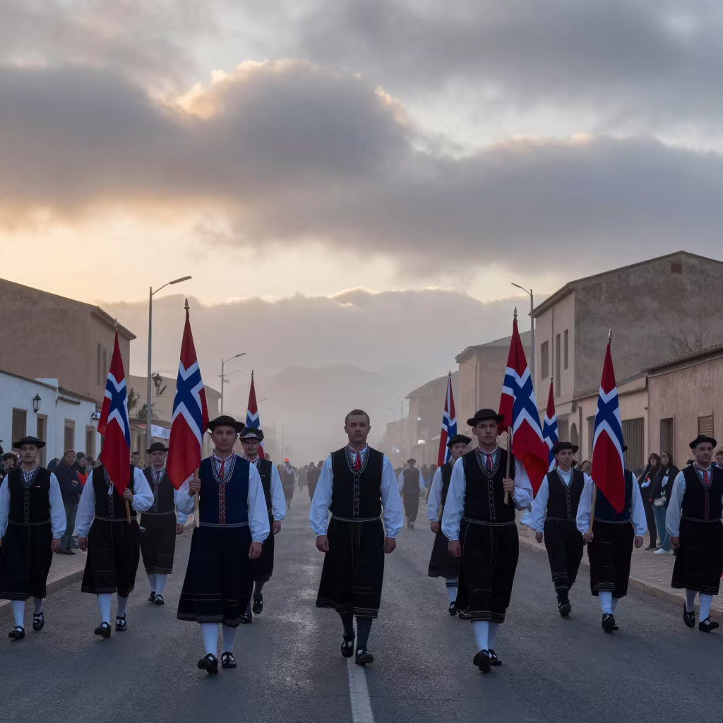 Norwegian Parade Dawn in Larache Mist in at a festival street procession in Larache