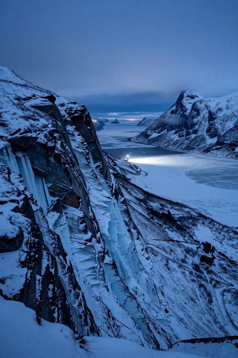 Norwegian Permafrost Cliff Ice Wedges Predawn in across a wide valley floor in Norway