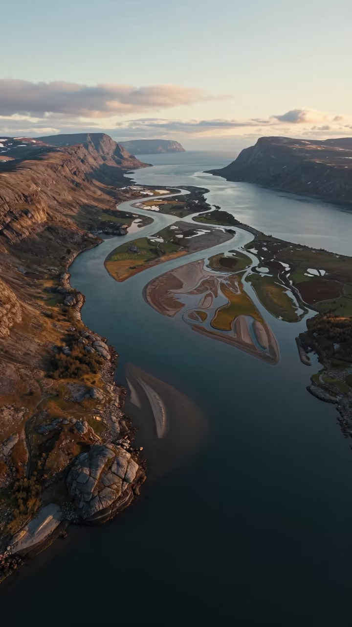 Norwegian River Delta Aerial View Midnight Sun in in Norway