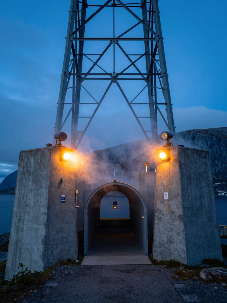 Norwegian Service Tunnel Under Blue Hour Sky in beneath transmission towers in Norway