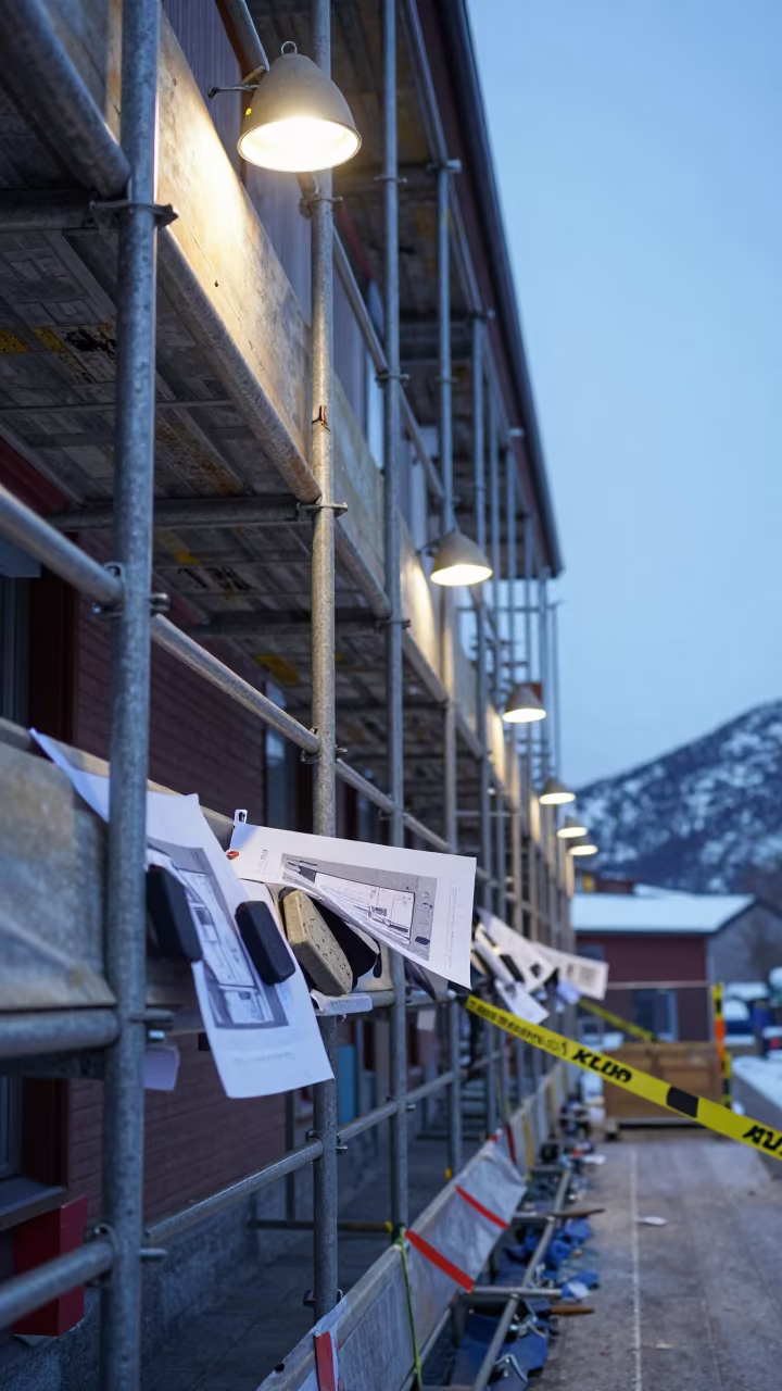 Norwegian Site Survey Nail Tin on Scaffold in along a scaffolded facade in Norway