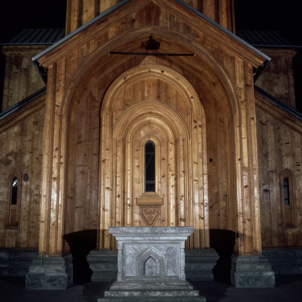 Norwegian Stave Church Altar in Tbilisi Night in at the foot of a stone altar in Tbilisi