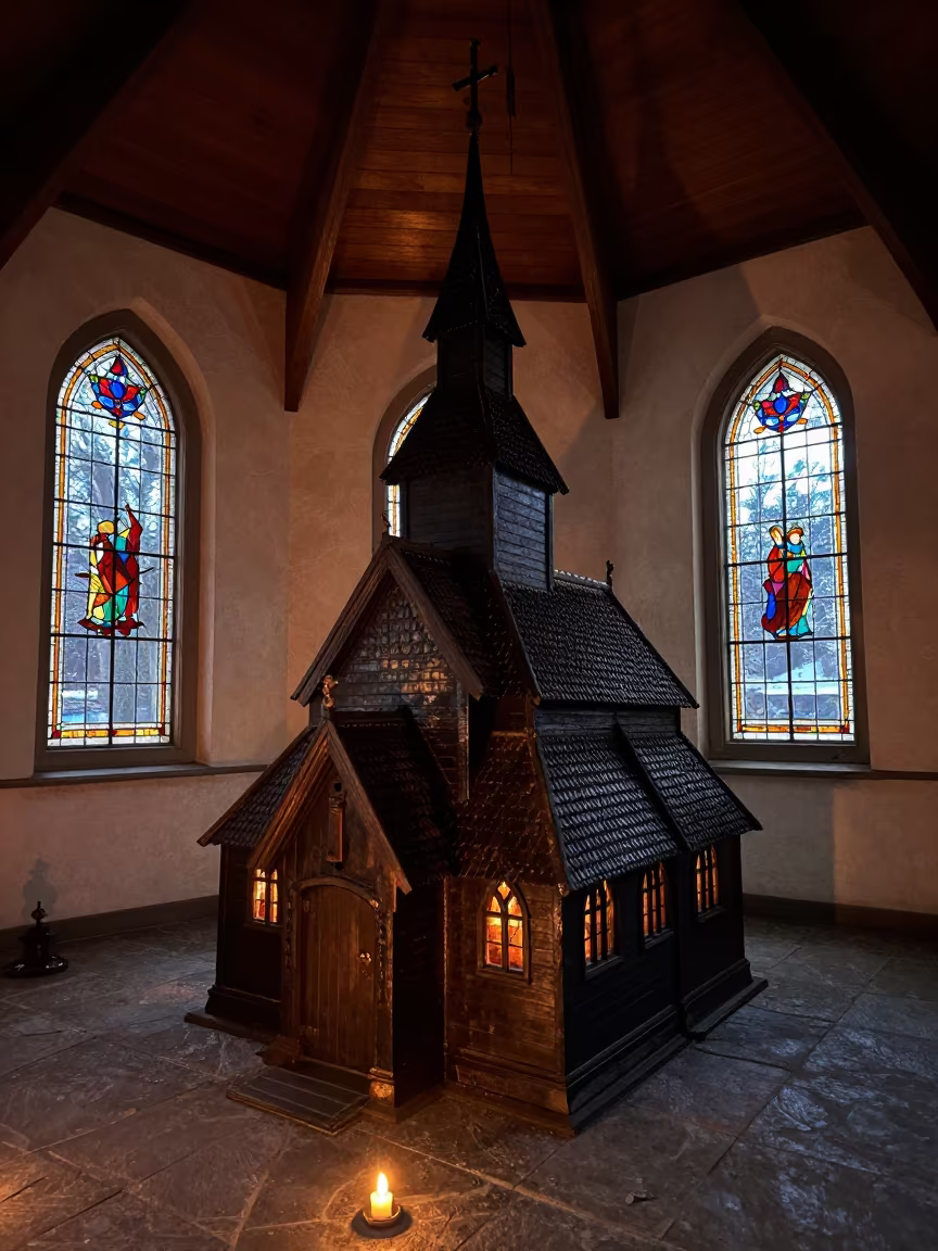 Norwegian Stave Church Model in Perth Chapel in in a chapel lit by stained glass in Perth