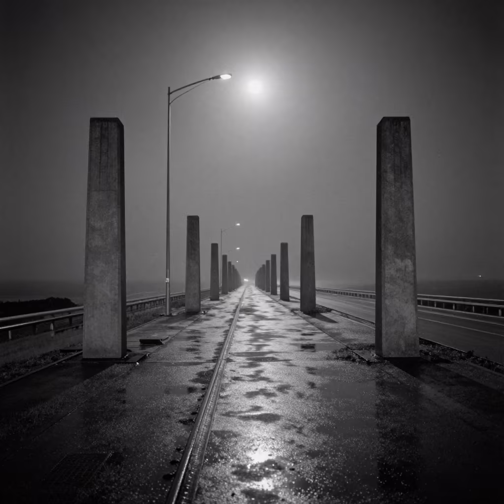 Norwegian Storm Marker Posts in Moonlit Rain in across a windy overpass interchange in Norway