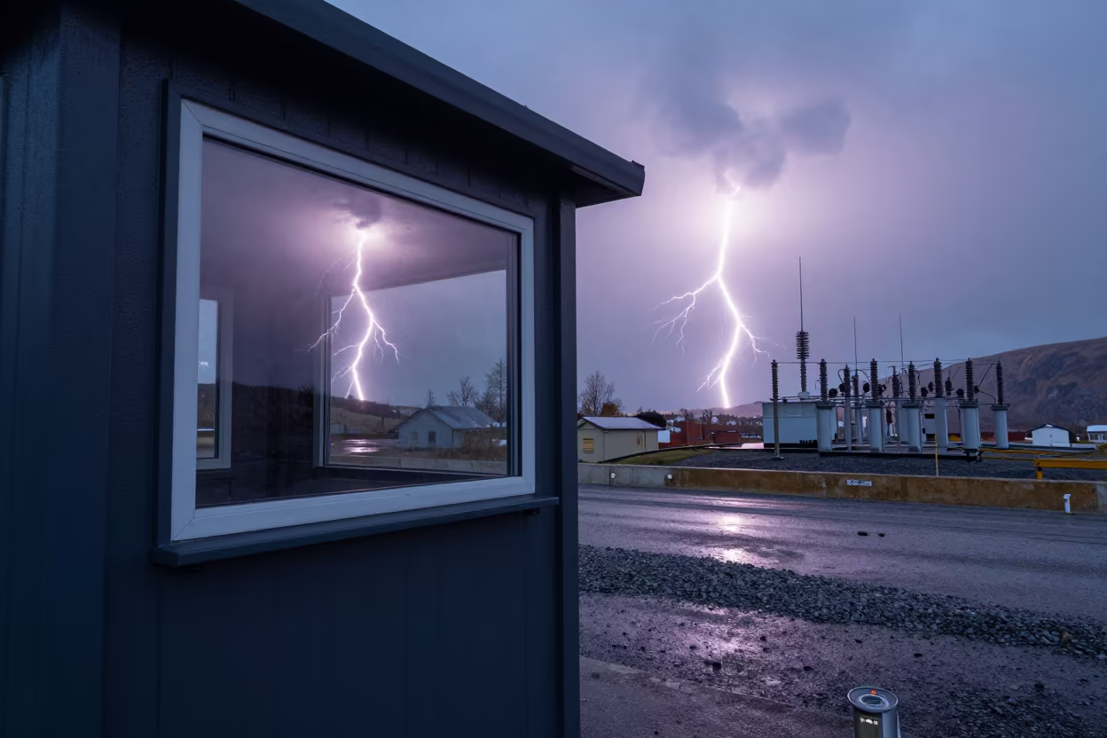 Norwegian Substation Window Lightning Reflection in beside a storm surge barrier in Norway