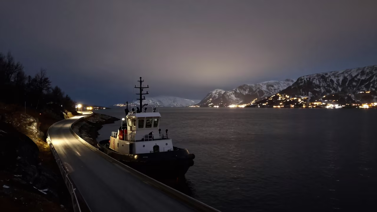 Norwegian Tugboat in Polar Night Harbor in along a switchback approach in Norway