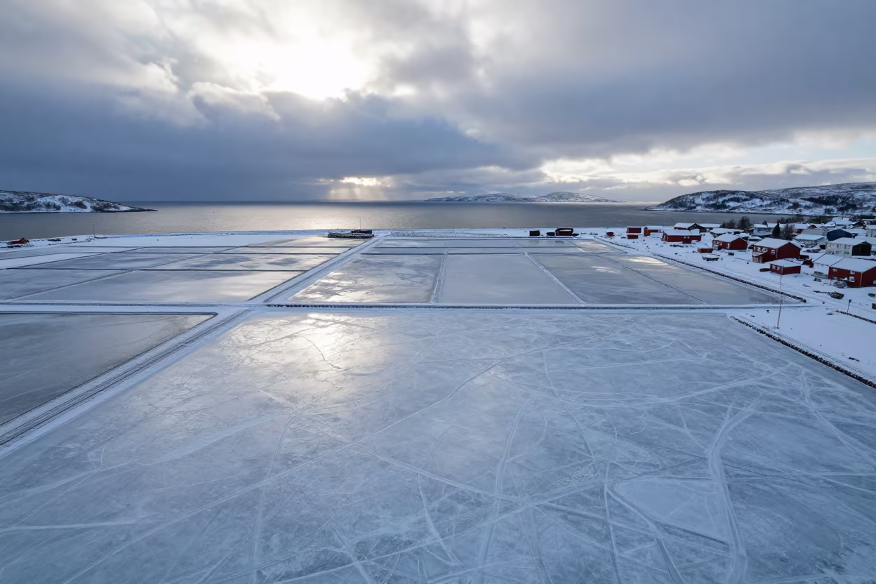 Norwegian Winter Harbor Ice Aerial View in high over salt ponds and causeways in Norway