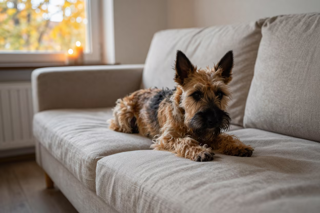 Norwich Terrier on Linen Sofa Tbilisi Golden Hour in on a linen sofa with daylight from a nearby window in Old Town, Tbilisi