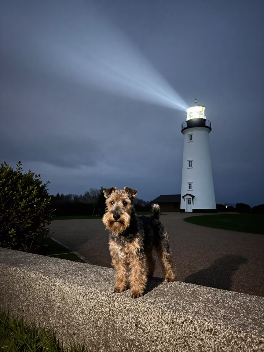 Norwich Terrier on Park Path at Night in near a garden edge with soft morning light and an uncluttered background near La Libertad