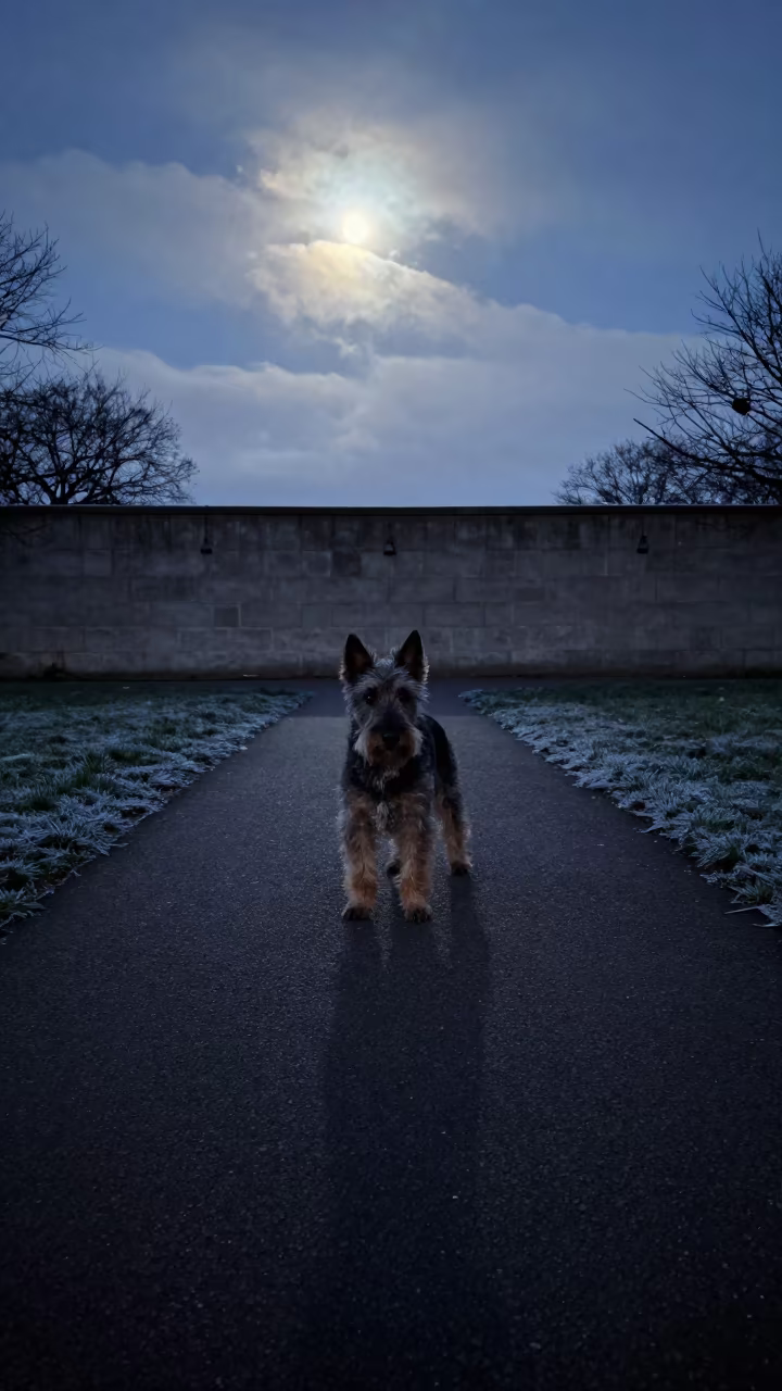 Norwich Terrier on Park Path Before Dawn in beside a plain courtyard wall in clear daylight with the animal at eye level near Comodoro Rivadavia