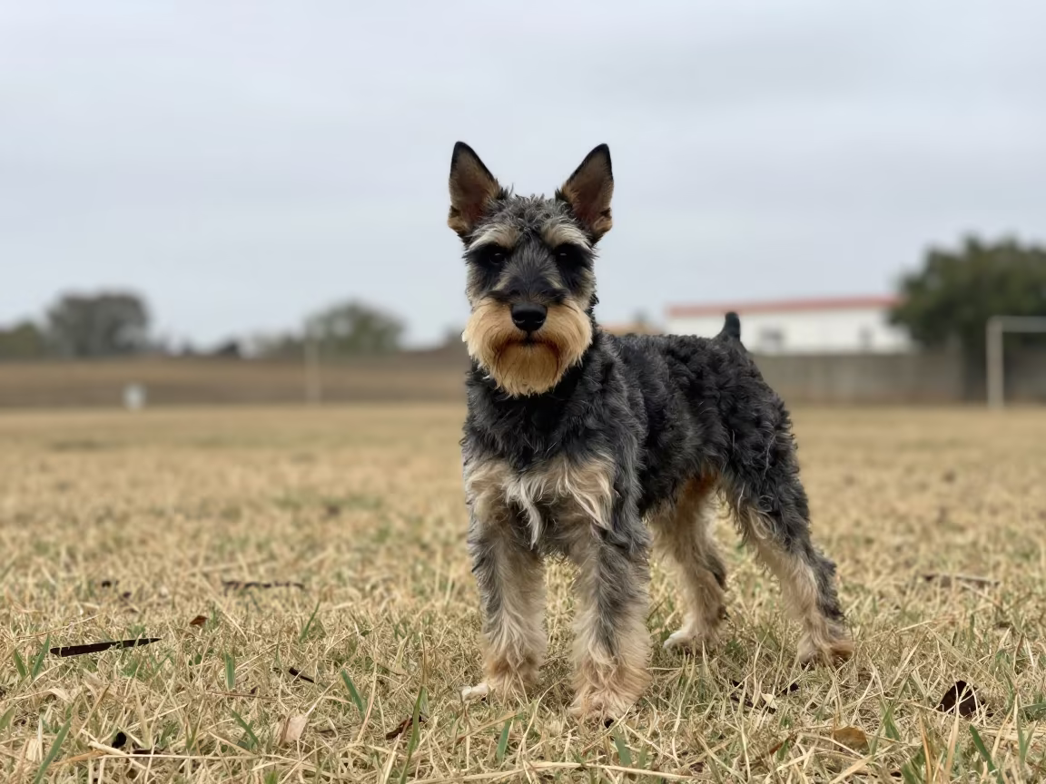 Norwich Terrier Portrait in Cagua Yard in in a small yard with clipped grass, calm light, and the animal centered in frame in Cagua