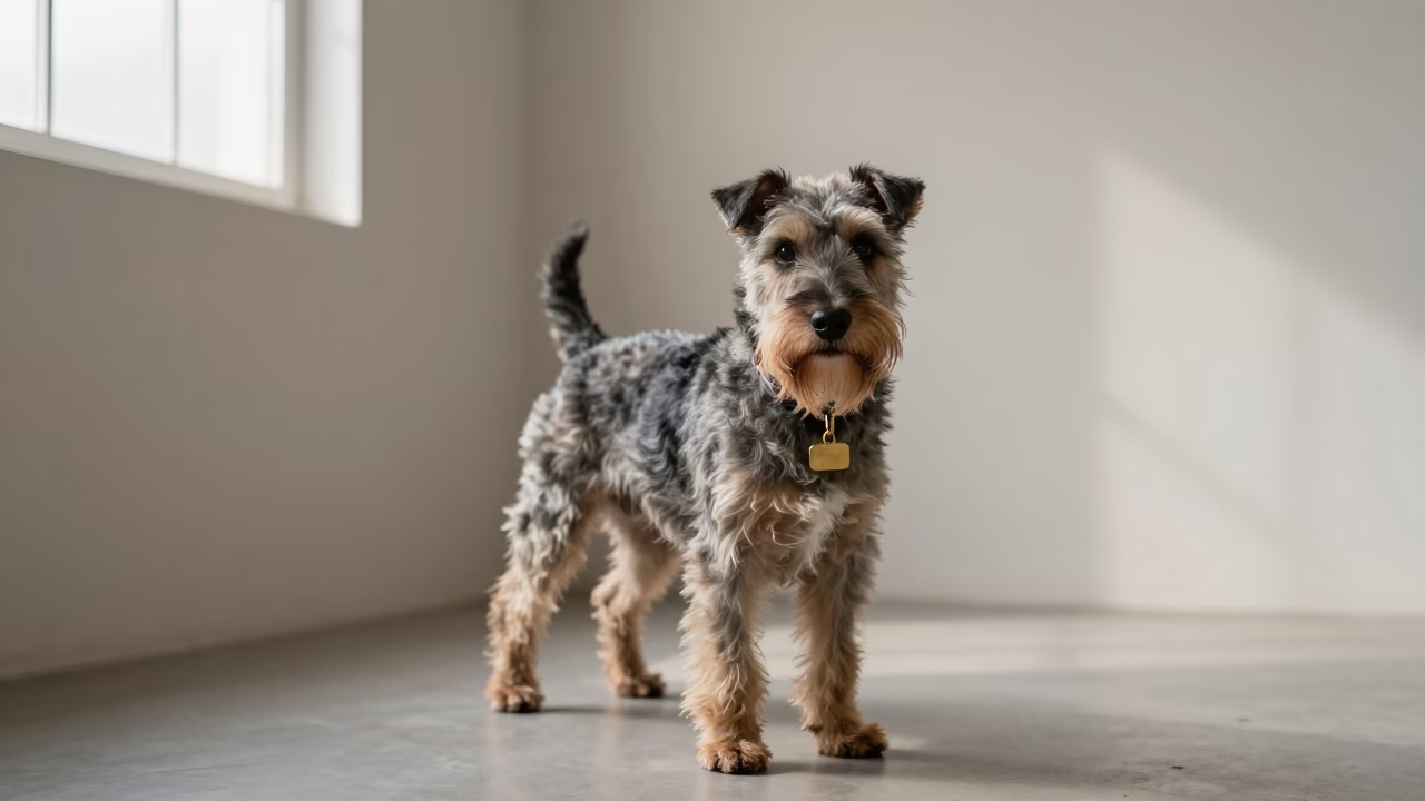 Norwich Terrier Portrait in Tepic Studio in in a quiet portrait studio with a plain backdrop and eye-level framing in Tepic