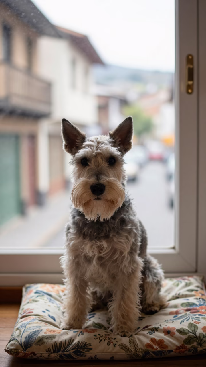 Norwich Terrier Portrait on Bogota Window Seat in on a cushioned window seat with soft side light and an uncluttered background near La Candelaria, Bogota