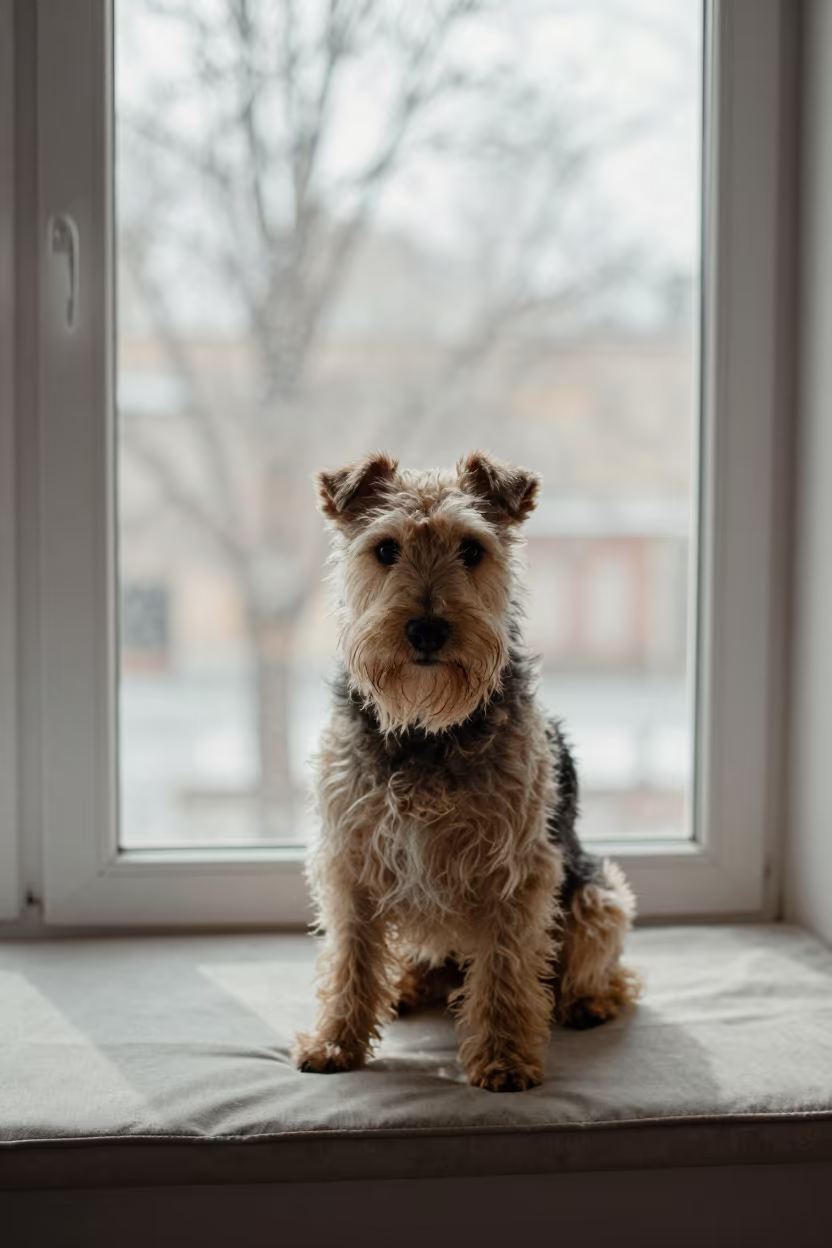 Norwich Terrier Portrait on Window Seat Tehran in on a cushioned window seat with soft side light and an uncluttered background near Tehran