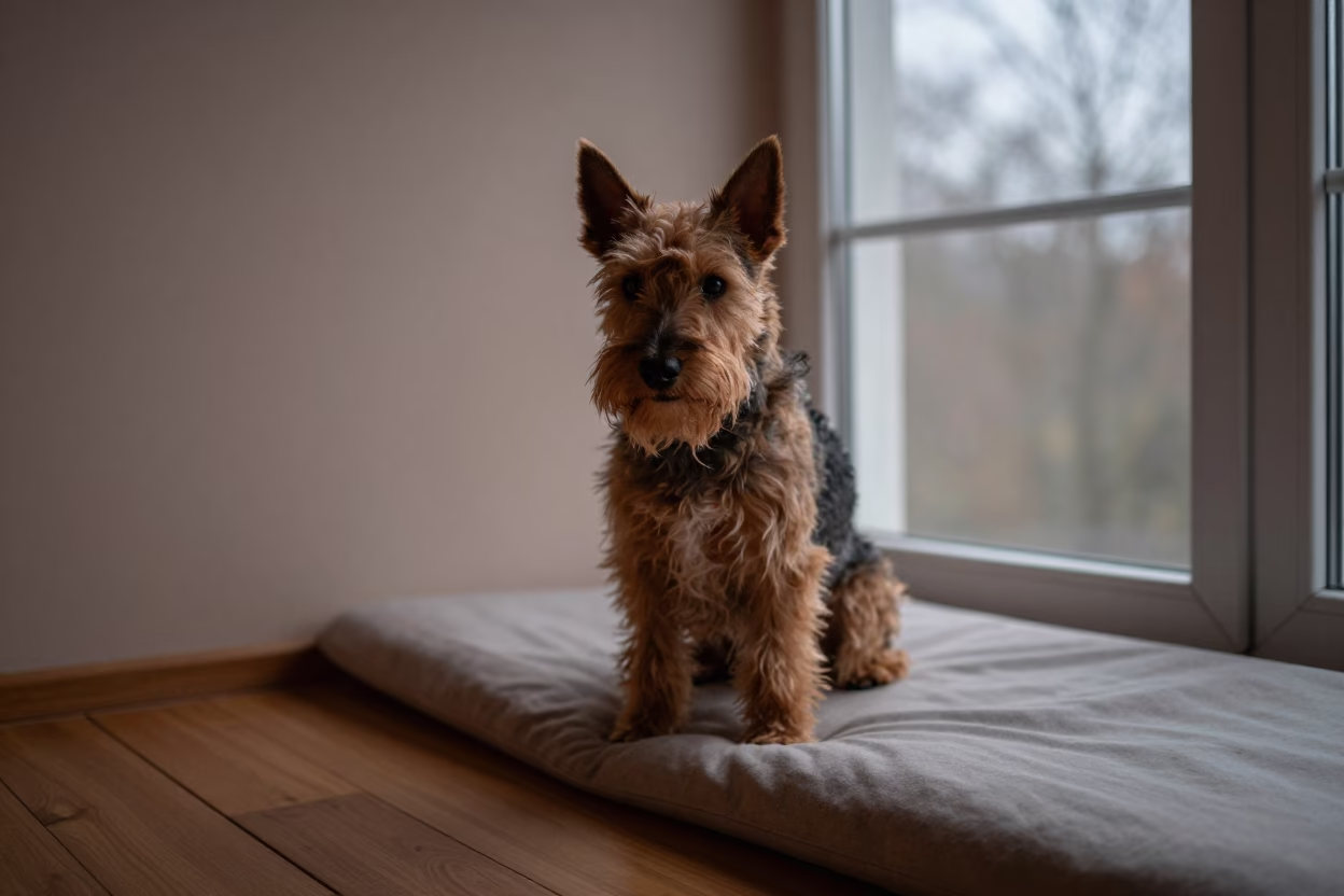 Norwich Terrier Portrait on Window Seat in on a cushioned window seat with soft side light and an uncluttered background in Ichalkaranji