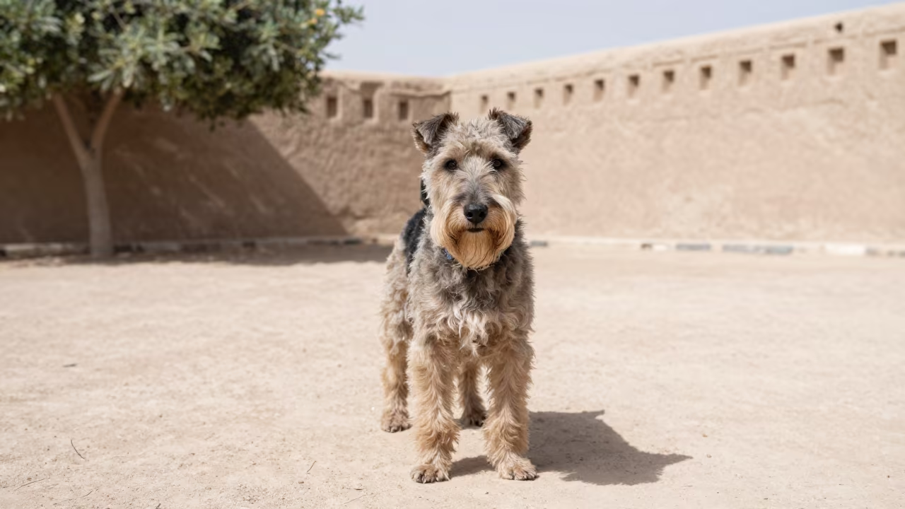 Norwich Terrier Portrait With Weathered Dignity in near a garden edge with soft morning light and an uncluttered background in Asyut