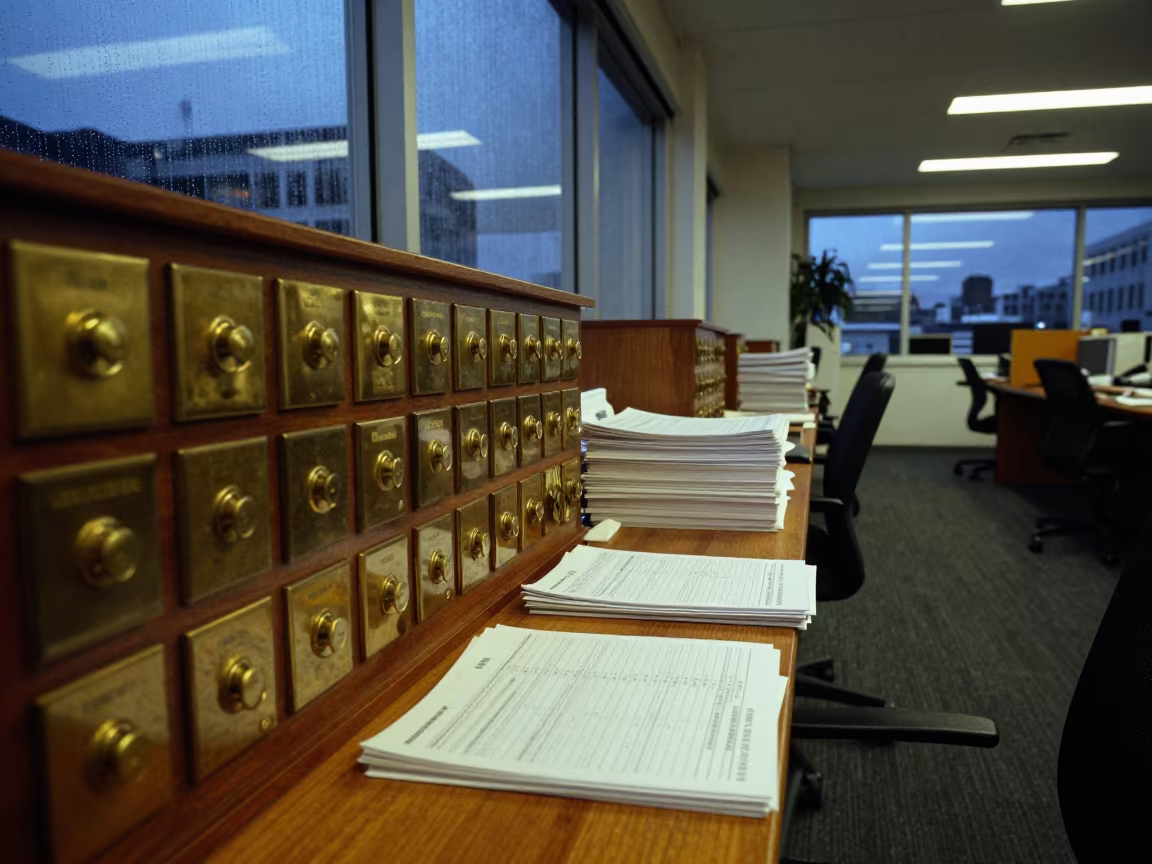 Notary Seal Drawer in Auckland Office Twilight in inside an open-plan office bay near Auckland