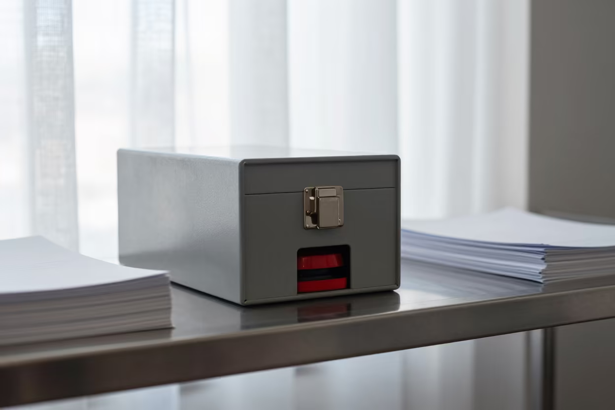Notary Stamp Lockbox on Office Shelf Midday in inside an open-plan office bay in Hurghada
