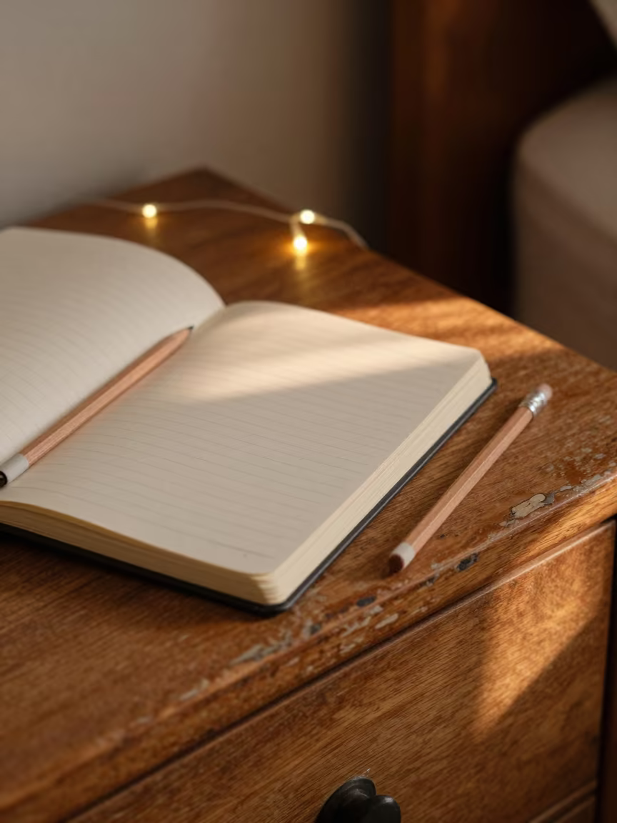 Notebook and Pencil on Pine Dresser at Twilight in on a hotel dresser in Satna