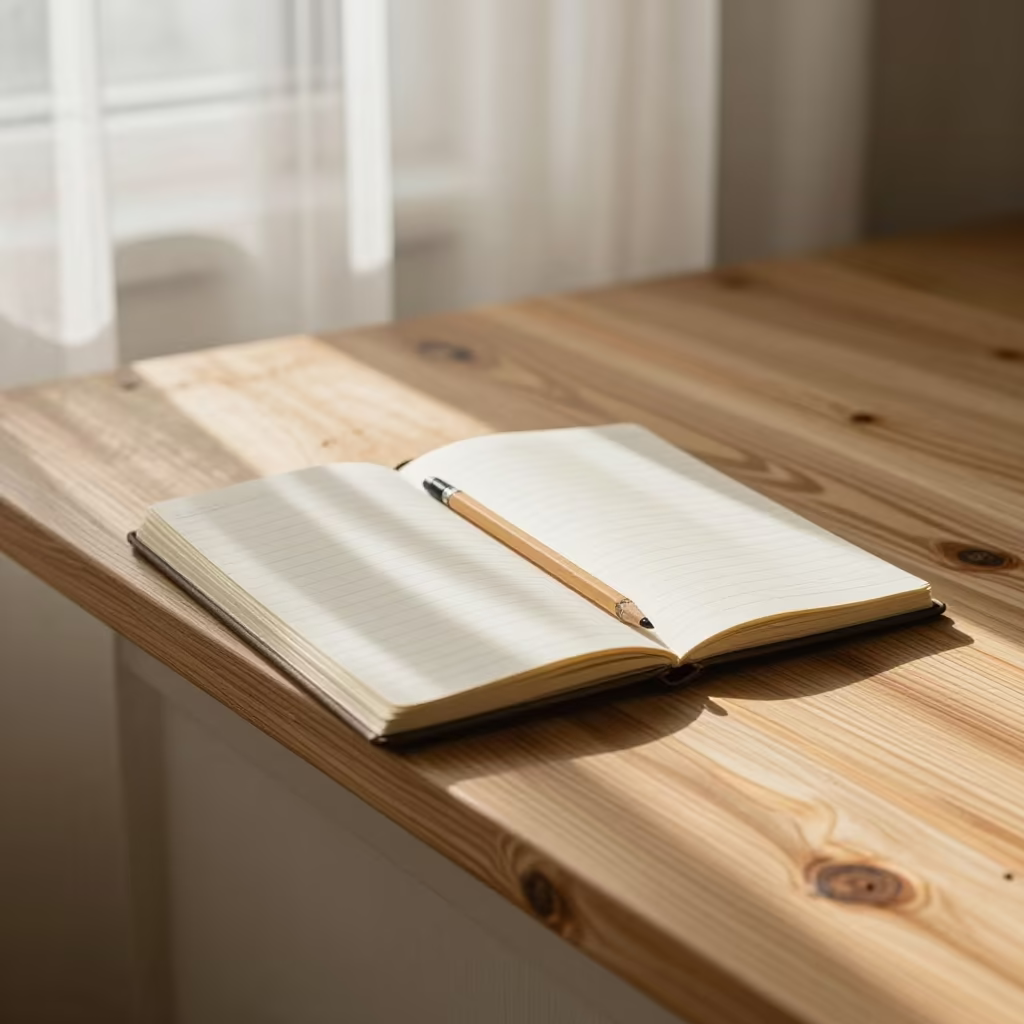 Notebook and Pencil on Pine Table Near Edirne in on a painted display ledge near Edirne