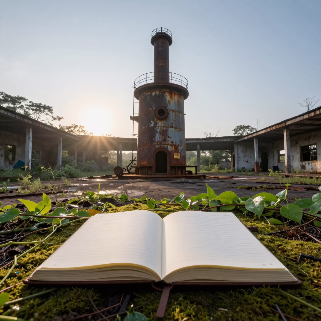 Notebook on Rusted Boiler in PNG Court Dawn in through an abandoned ceremonial court in Papua New Guinea