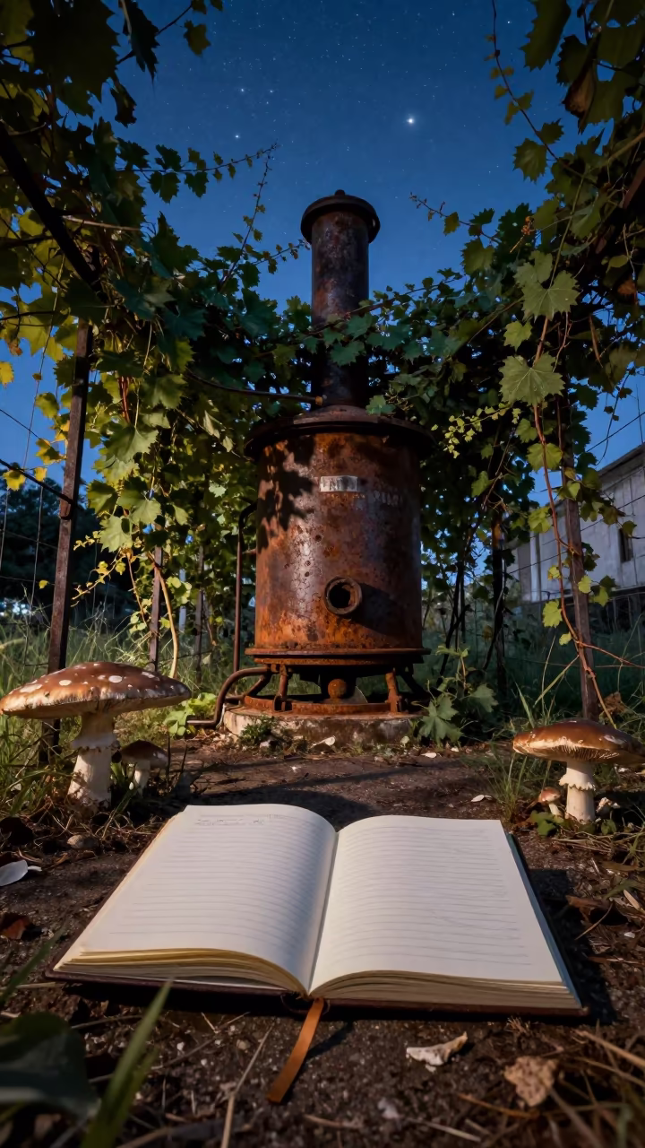 Notebook on Rusted Boiler Under Starlight in along a vine-choked corridor near Tébessa
