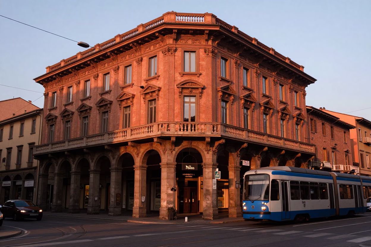Nouveau Facades at Copper-toned Light Before Dusk in Bologna in in Bologna, Italy