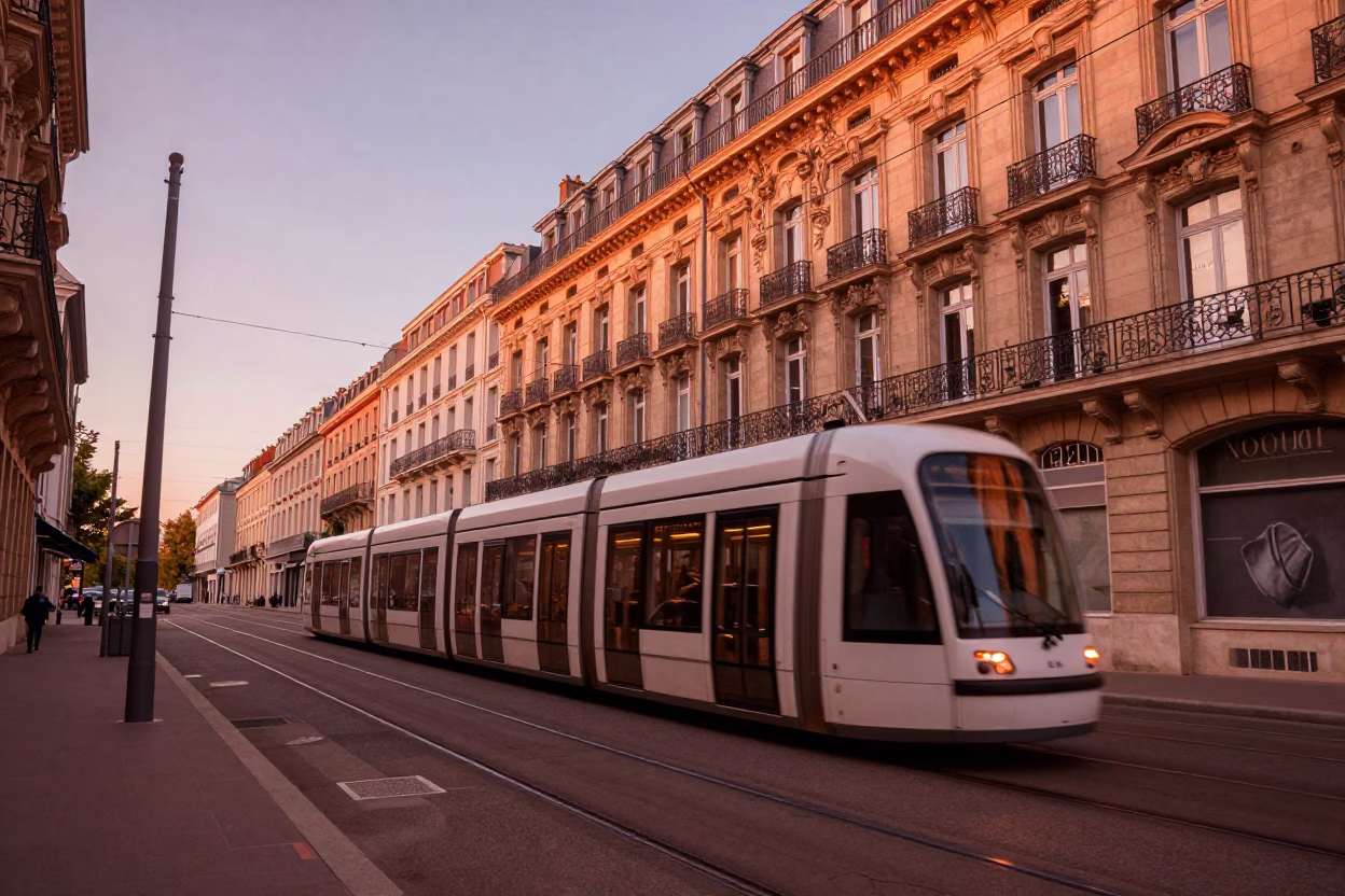 Nouveau Facades in Nice at Copper-toned Light Before Dusk in in Nice, France